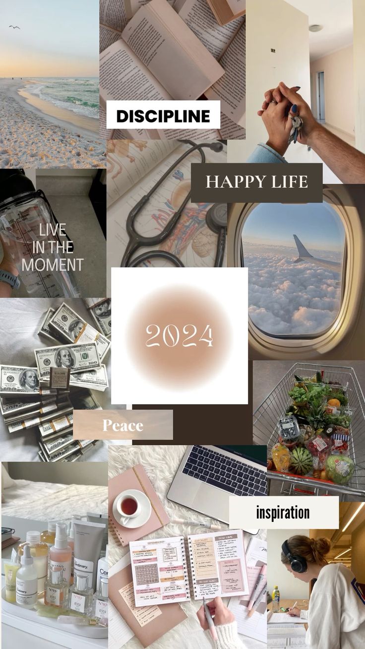 A vision board collage featuring images and words like "Discipline," "Happy Life," "Live in the Moment," "Peace," "Inspiration," and "2024," symbolizing goals and aspirations.