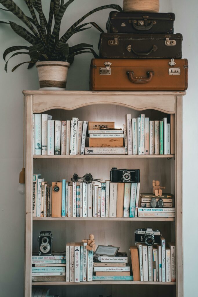 Bookshelf with neatly arranged books and vintage suitcases.